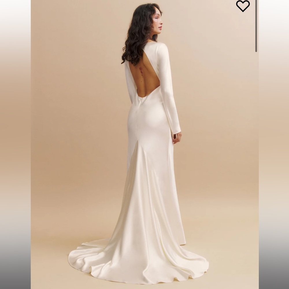 Reformation Long Sleeve Open Back Satin Gown in Ivory